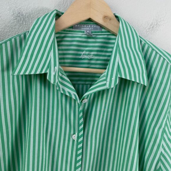 Foxcroft Womens Plus 18 Green Striped Button Up Shirt Wrinkle Free Shaped Fit - Picture 7 of 8